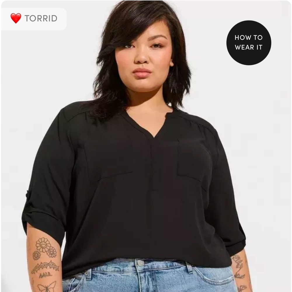 torrid Black V-Neck Roll-Sleeve Blouse